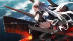  1girl aircraft_carrier_hime breasts cleavage gauntlets highres kantai_collection long_hair looking_at_viewer machinery red_eyes shinkaisei-kan silver_hair solo swd3e2 translation_request white_skin 