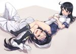  2girls ahoge armbar between_breasts black_hair black_legwear blush breasts drooling female_admiral_(kantai_collection) gloves hand_between_breasts kantai_collection large_breasts long_hair lying matsuryuu military military_uniform multiple_girls naval_uniform navel open_mouth revision school_uniform serafuku skirt tears thumbs_up uniform ushio_(kantai_collection) violet_eyes white_gloves wrestling 