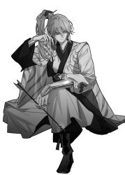  1boy archer_(fate/samurai_remnant) arm_guards arrow_(projectile) chinese_clothes chinese_hairpin commentary_request fate/samurai_remnant fate_(series) full_body greyscale hair_ornament hair_stick hanfu high_ponytail highres holding holding_arrow iliiiiiiiillli korean_commentary long_hair male_focus monochrome ponytail simple_background smile tassel tassel_hair_ornament white_background xiao_guan_(headdress) 