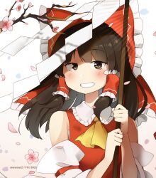  1girl arutea25 ascot blush bow brown_eyes brown_hair cherry_blossoms commentary dated detached_sleeves english_commentary falling_petals flower frilled_bow frilled_hair_tubes frills gohei grin hair_bow hair_tubes hakurei_reimu highres holding holding_gohei long_hair looking_at_viewer petals pink_flower pink_petals red_bow smile solo touhou twitter_username upper_body yellow_ascot 