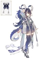  1girl arms_at_sides black_hair black_shoes black_thighhighs blue_capelet blue_eyes blue_skirt blue_thighhighs bow capelet closed_mouth coattails commentary crossed_legs curled_horns dragon_girl dragon_tail floral_print floral_print_capelet flower footwear_bow footwear_flower from_side full_body furrowed_brow gradient_thighhighs hair_between_eyes hair_bow hair_flower hair_intakes hair_ornament high-waist_skirt high_heels high_ponytail highres horn_ornament horns light_blush light_frown long_hair long_sleeves looking_at_viewer multicolored_hair multicolored_horns multicolored_thighhighs open_hands original pencil_skirt photo_inset pom_pom_(clothes) ponytail reference_inset sash shirt shirt_tucked_in shoes sidelocks simple_background skirt solo spats_(footwear) standing standing_on_one_leg stole streaked_hair tail tailcoat tassel thigh-highs toga_(toganawa) tsurime twitter_username two-tone_horns two-tone_thighhighs unfinished v-bangs watson_cross white_background white_bow white_flower white_sash white_shirt white_streaks white_trim zettai_ryouiki 