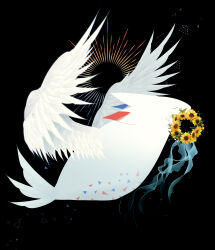  absurdres black_background closed_eyes commentary flower full_body head_wreath highres mouth_hold no_humans pokemon pokemon_(creature) pokemon_focus rebanira_(aqsiz) sunflower togekiss untranslatable_commentary yellow_flower 