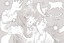  1girl alternate_animal_ears animal_ear_fluff animal_ears ascot bell blush calstone_light_o_(umamusume) cat cat_ears claw_pose commentary fang greyscale hair_between_eyes highres long_hair long_sleeves looking_at_viewer monochrome multicolored_hair neck_bell ooo8_q sidelocks skin_fang solo star-shaped_pupils star_(symbol) streaked_hair symbol-shaped_pupils umamusume untranslatable_commentary upper_body 