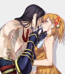  1boy 1girl applying_another's_makeup applying_lipstick applying_makeup arm_tattoo bare_pectorals black_hair blue_gloves bow chest_tattoo choker commentary_request dress eye_contact fate/grand_order fate_(series) flower fujimaru_ritsuka_(female) fujimaru_ritsuka_(female)_(starlight_fest) gloves grey_background hair_flower hair_ornament hair_scrunchie long_hair looking_at_another open_mouth orange_choker orange_dress orange_eyes orange_gloves orange_hair orange_scrunchie pectorals profile sakurai_(poyo) scrunchie short_hair side_ponytail simple_background standing strapless strapless_dress tattoo topless_male upper_body white_bow yan_qing_(fate) 