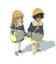  1boy 1girl blue_jacket blue_skirt brown_eyes brown_hair brown_shoes catherine_(project_moon) closed_mouth commentary_request hat heathcliff_(project_moon) holding_hands jacket kindergarten_uniform korean_commentary limbus_company mangsug12_40 project_moon school_hat shoes shorts sidelocks simple_background skirt smile socks violet_eyes white_background white_socks yellow_hat yellow_shoes yellow_shorts 