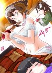  3girls alternate_costume bare_arms bare_shoulders black_hair brown_hair closed_eyes deformed eating food futon goat_costume goat_horns green_eyes japanese_clothes kantai_collection kimono kitakami_(kantai_collection) looking_at_viewer midriff multiple_girls mutsu_(kantai_collection) navel off_shoulder pouty_lips seiza short_hair sitting sleeping tone_(kantai_collection) twintails wagashi 