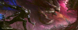  2boys armlet armor blue_surcoat body_horror cane cape colored_skin dagger elden_ring elden_ring_nightreign eldritch_abomination extra_arms extra_eyes full_armor glowing glowing_sword glowing_weapon great_rune_(elden_ring) greatsword grey_skin helmet heolstor_the_nightlord highres holding holding_cane holding_dagger holding_knife holding_weapon in-universe_location incoming_attack jewelry knife monster monster_focus multiple_boys outdoors purple_cape rileeart scale_armor sigil signature sky spiked_helmet sword traitorous_straghess_(elden_ring) triple_wielding weapon winged_helmet 