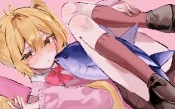  1girl :< akita_neru antenna_hair black_shoes black_skirt blonde_hair blush bow bowtie cellphone collared_shirt commentary_request frown grey_background hair_between_eyes hair_intakes highres holding holding_phone long_sleeves nail_polish one_side_up phone pink_sweater pleated_skirt red_bow red_bowtie red_socks shirt shoes simple_background skirt smartphone socks solo sweater tuna user_mvet5257 vocaloid white_shirt yellow_eyes yellow_nails 