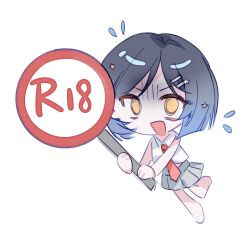  1girl alternate_hair_length_(shorter) barefoot black_hair blue_hair chibi collared_shirt flying_sweatdrops full_body great_yell_for_dreamers!_(project_sekai) grey_skirt hair_behind_ear hair_ornament hairclip highres holding holding_sign looking_at_viewer necktie official_alternate_costume official_alternate_hairstyle open_mouth orange_eyes parallel_hairclips parted_hair phynolcrystal pleated_skirt project_sekai red_necktie shaded_face shiraishi_an shirt short_hair sign simple_background single_sidelock skirt sleeveless sleeveless_shirt solo star_(symbol) star_hair_ornament surprised white_background white_shirt 