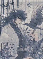  1boy bamboo bamboo_forest belt bird blue_eyes cowboy_shot crow demon_slayer_uniform forest hair_between_eyes hand_up haori high_collar jacket japanese_clothes kanzaburou_(kimetsu_no_yaiba) katana kikkoumon kimetsu_no_yaiba long_hair low_ponytail male_focus mizuor11 monochrome nature ponytail print_haori solo spiky_hair spot_color standing sword tomioka_giyuu watermark weapon 