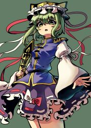  1girl absurdres belt bilingual_commentary black_belt blue_vest bow breasts commentary cowboy_shot epaulettes frilled_hat frilled_skirt frills green_background green_eyes green_hair hair_between_eyes hat hat_ribbon highres legs_together long_sleeves looking_down mixed-language_commentary open_mouth purple_ribbon purple_skirt red_bow red_ribbon ribbon ribbon-trimmed_skirt ribbon_trim rod_of_remorse shiki_eiki shirt short_hair sidelocks simple_background skirt sleeve_ribbon small_breasts solo standing sulky_(pixiv_115559301) thick_eyebrows touhou two-tone_bow v-shaped_eyebrows vest white_bow white_hat white_ribbon white_shirt wide_sleeves yellow_trim 