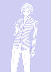  1boy absurdres arm_at_side hatsudayo highres kamiki_akinari long_sleeves male_focus medium_hair monochrome pants persona persona_3 persona_3_portable purple_background purple_theme shirt standing striped_clothes striped_shirt vertical-striped_clothes 