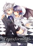  1boy 1girl akayan alternate_costume animal_ears bat_wings black_legwear blue_eyes braid butler carrying cover cover_page doujin_cover dress female genderswap highres izayoi_sakuya kemonomimi_mode looking_at_viewer male orange_eyes princess_carry purple_hair remilia_scarlet shoes short_hair silver_hair single_braid tail thigh-highs touhou white_dress wings wolf_ears wolf_tail 