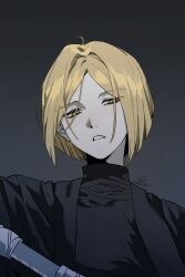  1boy black_coat black_sweater blonde_hair bob_cut coat commentary_request gradient_background highres korean_commentary limbus_company looking_to_the_side mangsug12_40 parted_bangs parted_lips pinky_(identity)_(project_moon) project_moon scowl sinclair_(project_moon) solo sweater upper_body yellow_eyes 