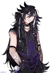  1boy absurdres alternate_costume alternate_hair_color alternate_hairstyle arm_tattoo arm_warmers badge banzoin_hakka belt_collar black_choker black_eyeshadow black_hair black_pants black_shirt black_vest blue_eyes bracelet braid button_badge chain chain_necklace choker collar cropped_vest ear_piercing eyebrow_piercing eyeshadow face_piercing fang feather_hair_ornament feathers fishnet_arm_warmers goth_fashion hair_ornament hands_in_pockets highres hiimtae_sb holostars holostars_english jewelry leather leather_vest lip_piercing long_hair makeup male_focus multicolored_hair necklace pants piercing pom_pom_(clothes) shirt snakebite_(piercing) solo streaked_hair tattoo torn_clothes torn_shirt torn_vest upper_body very_long_hair vest virtual_youtuber white_streaks 