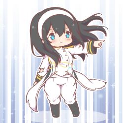  >:( 1girl black_boots black_hair blue_eyes blush boots chibi closed_mouth commentary_request floating_hair hair_between_eyes hairband idolmaster idolmaster_cinderella_girls jacket light_frown long_hair long_sleeves mitarashi_neko outstretched_arm pants pointing sagisawa_fumika seizon_honnou_valkyria_(idolmaster) shadow solo standing torn_clothes torn_jacket v-shaped_eyebrows very_long_hair white_hairband white_jacket white_pants 