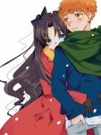  1boy 1girl blue_eyes blush brown_hair couple emiya_shirou fate/stay_night fate_(series) kino_hazuki orange_hair raglan_sleeves scarf simple_background toosaka_rin two_side_up white_background yellow_eyes 