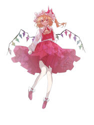  1girl ascot blonde_hair bow collared_shirt commentary_request crystal crystal_wings flandre_scarlet frilled_shirt_collar frills furawast hat hat_bow highres long_hair long_sleeves mob_cap multicolored_wings one_side_up red_bow red_eyes red_shoes red_skirt red_vest shirt shoes simple_background skirt skirt_set solo touhou vest white_background white_hat white_shirt wings yellow_ascot 