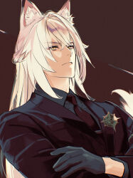  1boy animal_ear_fluff animal_ears black_gloves black_jacket black_necktie cat_boy cat_ears cat_tail closed_mouth commentary_request crossed_bangs gloves hair_between_eyes highres jacket long_hair male_focus necktie police_badge severian_lowell solo tail takashina_yuu upper_body white_hair yellow_eyes zenless_zone_zero 