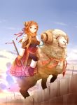  1girl fur helmet highres horns nagian original redhead riding scarf sheep sheep_horns short_hair smile staff tagme weapon 