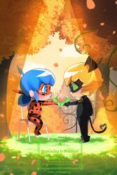  1boy 1girl absurdres adrien_agreste animal_ears bell black_bodysuit black_mask blonde_hair blue_hair bodysuit cat_ears cat_tail chair chat_noir chibi chibi_only colored_sclera commentary earrings english_commentary eye_mask flower giving_flower green_sclera heart heart_tail highres jewelry ladybug_(miraculous_ladybug) marinette_dupain-cheng mask miraculous_ladybug neck_bell on_chair orange_leaf polka_dot_bodysuit red_bodysuit red_mask rose seio_(nao_miragggcc45) sitting spotlight tail tree twitter_username watermark 