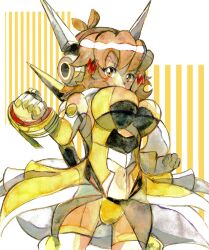  1girl artist_request bare_shoulders brown_eyes brown_hair clenched_hands closed_mouth commentary_request cowboy_shot gloves hair_between_eyes hair_ornament hairclip headgear headphones highres looking_at_viewer multiple_hairclips panties senki_zesshou_symphogear short_hair simple_background smile solo tachibana_hibiki_(symphogear) two-tone_background underwear upper_body white_gloves yellow_panties 