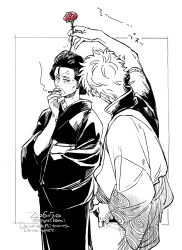  1boy 1girl anger_vein arm_up carnation flower gintama hair_slicked_back hand_on_own_hip hand_up highres holding holding_flower japanese_clothes kimono loose_hair_strand monochrome old old_woman otose red_carnation red_flower sakata_gintoki short_hair short_sleeves signature smoking spot_color twitter_username wakaya_hana wide_sleeves 