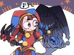  2girls asymmetrical_gloves bare_arms behind_another biting blue_eyes blue_gloves blue_hat blue_shirt blue_shorts blunt_bangs blush_stickers breasts brown_hair center-flap_bangs claws closed_mouth collared_shirt contrast_collar cowboy_shot dark_persona double-parted_bangs dual_persona fewer_digits frown gloves hands_up hat hat_bell highres holding_hands ichi_kura64 jester jester_cap looking_at_another looking_back mismatched_gloves multicolored_eyes multiple_girls musical_note no_eyes no_nose pom_pom_(clothes) pomni_(the_amazing_digital_circus) puffy_shorts red_eyes red_gloves red_hat red_shirt red_shorts sharp_teeth shirt short_hair shorts simple_background small_breasts smile socks solo_focus spoken_musical_note standing star_(symbol) striped_clothes striped_shorts striped_socks sweatdrop teeth the_amazing_digital_circus twitter_username two-tone_eyes two-tone_shirt two-tone_shorts vertical-striped_clothes vertical-striped_shorts vertical-striped_socks white_background 