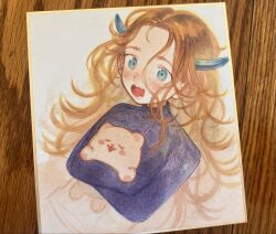  1girl artist_self-insert blonde_hair blue_eyes blush bosako_(haguhagu) commentary_request creature haguhagu_(rinjuu_circus) highres holding holding_creature horns long_hair open_mouth original photo_(medium) shikishi smile solo sweater traditional_media wavy_hair 
