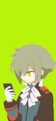  1boy absurdres artist_name ascot asticassia_school_uniform black_jacket cellphone closed_mouth commentary_request earrings elan_ceres gloves green_background green_eyes green_hair gundam gundam_suisei_no_majo hair_between_eyes highres jacket jewelry long_sleeves looking_at_phone male_focus medium_hair phone rizu_(rizunm) school_uniform shoulder_boards simple_background smartphone solo standing twitter_username upper_body white_ascot white_gloves 