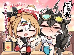  >_< 2girls :d ahoge black_gloves black_hair blush braid clenched_teeth closed_eyes commentary_request cotton_swab couch cropped_shirt crown_braid crying donna_(stella_sora) fingerless_gloves first_aid first_aid_kit flinch gauze gauze_on_arm gauze_on_leg gloves goggles goggles_on_head hair_ornament hairclip hat highres injury long_hair miniskirt multiple_girls nose_blush official_art on_couch open_mouth orange_hair pain parallel_hairclips pink_background pinstripe_pattern pinstripe_skirt red_hat red_skirt shirt sitting skirt smile speech_bubble stella_sora tears teeth teresa_(stella_sora) translation_request white_shirt 