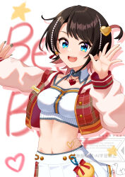  1girl :d absurdres black_hair blue_eyes breasts commentary_request crop_top cropped_jacket cropped_shirt hair_ornament heart heart_necklace highres hololive jacket jewelry long_sleeves looking_at_viewer medium_breasts midriff navel necklace nushiya_(ayihsem) official_alternate_costume oozora_subaru open_clothes open_jacket open_mouth outstretched_arms plaid_clothes plaid_jacket pleated_skirt raglan_sleeves red_jacket ribbon shirt short_hair skirt smile solo stomach swept_bangs teeth upper_teeth_only virtual_youtuber white_background white_shirt white_skirt 