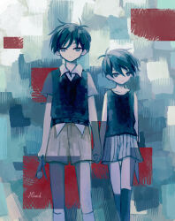  2boys antenna_hair black_eyes black_hair black_shorts black_socks black_sweater_vest black_tank_top bright_pupils brown_shorts closed_mouth collarbone collared_shirt colored_skin commentary dual_persona etursaemajoris flower hair_between_eyes highres holding holding_flower holding_hands holding_knife interlocked_fingers kneehighs knife male_focus multiple_boys omori omori_(omori) shirt short_sleeves shorts socks striped_clothes striped_shorts sunny_(omori) sweater_vest tank_top tulip two-tone_shorts vertical-striped_clothes vertical-striped_shorts white_flower white_pupils white_shirt white_shorts white_skin white_socks white_tulip 
