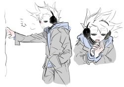  1boy animification bad_id bad_twitter_id black_coat black_pants blue_hoodie breath coat drawstring earmuffs eddsworld hollow_eyes hood hood_down hoodie inactive_account jitome k3vccitq long_sleeves male_focus multiple_views official_alternate_costume open_clothes open_coat open_mouth painttool_sai_(medium) pants short_hair simple_background sketch spiky_hair spot_color tom_(eddsworld) translation_request trench_coat white_background winter_clothes 