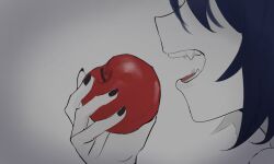  1girl apple blue_eyes ciel_(tsukihime) commentary_request fangs food fruit hair_over_eyes highres holding holding_food holding_fruit michael_roa_valdamjong nail_polish open_mouth possessed profile roa-ciel s67569077 solo tongue tsukihime tsukihime_(remake) vampire 