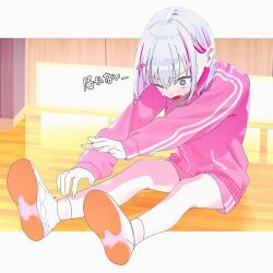  1girl 38_(sanjuuhachi) bare_legs blunt_bangs blush bob_cut commentary_request embarrassed foreshortening hair_ornament hairclip highres indoors jacket legs_apart long_sleeves looking_down one_eye_covered open_mouth original oversized_clothes pink_hair pink_jacket pink_shorts reaching shoe_soles shoes short_hair short_shorts shorts sidelocks sitting sneakers socks soles solo stretching striped_sleeves track_jacket white_hair white_socks wide-eyed wooden_floor 