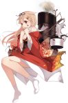  1girl blonde_hair hair_ornament hair_ribbon hairpin japanese_clothes kantai_collection kimono kujou_ichiso long_hair machinery official_art red_eyes ribbon sandals scarf torn_clothes yuudachi_(kantai_collection) 