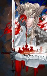  1boy 1girl absurdres animal_ears apple arknights bear_boy bear_ears black_gloves blonde_hair blue_eyes chinese_commentary closed_mouth commentary_request food fruit fyodor_vladimirovich_(arknights) gloves hand_up highres holding holding_food holding_fruit holding_sword holding_weapon long_hair long_sleeves looking_at_viewer male_focus nastasya_(arknights) one_eye_covered out_of_frame putaooking shirt solo_focus sword upper_body weapon white_shirt 
