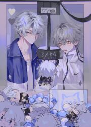  2boys alternate_costume antenna_hair baba1682682 blue_eyes blue_jacket caelus_(honkai:_star_rail) character_doll collarbone collared_jacket crane_game doll grey_hair hair_between_eyes hand_up heart high_collar highres honkai:_star_rail honkai_(series) jacket long_sleeves looking_at_object looking_down male_focus multicolored_jacket multiple_boys nike_(company) open_clothes open_jacket open_mouth phainon_(honkai:_star_rail) puffy_long_sleeves puffy_sleeves shirt short_hair sweatdrop t-shirt teeth tongue track_jacket trailblazer_(honkai:_star_rail) two-tone_jacket upper_body white_jacket white_shirt yellow_eyes zipper 