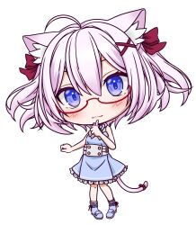  1girl absurdres ahoge animal_ear_fluff animal_ears asagi501 bare_arms blue_eyes cat_ears cat_girl cat_tail character_request chibi commentary_request double-parted_bangs dress flat_chest full_body glass hair_between_eyes hair_ornament hair_ribbon hands_up highres looking_at_viewer medium_dress medium_hair original pink_hair red-framed_eyewear red_ribbon ribbon round_eyewear semi-rimless_eyewear simple_background sleeveless sleeveless_dress solo tail tail_ornament tail_ribbon thumbs_up under-rim_eyewear vrchat white_background x_hair_ornament 