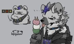  1boy animal_ear_piercing arknights dr_luyan explosive food furry grenade highres hyena_boy hyena_ears hyena_tail ice_cream jacket spot_(arknights) 