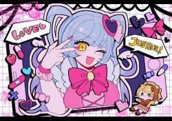  1girl :< :d blue_hair bow bowtie breasts broken_heart candy_wrapper cellphone character_doll commentary_request doll dress english_text food fruit grid_background hair_ornament hand_up heart heart_hair_ornament highres letterboxed library_of_ruina long_hair medium_breasts one_eye_closed open_mouth outline phone pill pink_bow pink_bowtie pink_dress pink_wrist_cuffs pixel_heart project_moon queen_of_hatred sidelocks smile speech_bubble strawberry sword tiphereth_a_(project_moon) twitter_username two_side_up upper_body v v_over_eye watermark wavy_hair weapon winged_clothes wrist_cuffs yuhan_company12 