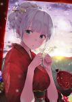  1girl blue_eyes bust clouds hair_ornament hair_stick hareno_chiame japanese_clothes kimono light_particles looking_at_viewer obi ofuda original pouch sash short_hair silver_hair sky solo torii updo 