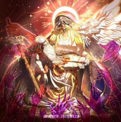  1boy 1girl absurdres armor biblically_accurate_angel black_feathers black_wings blonde_hair breasts colored_skin commentary_request covered_face darklord_morningstar devil1019 dress duel_monster extra_arms extra_hands eye_mask fallen_angel feathered_wings feathers glowing glowing_eye grey_dress hands_hair hecahands_yadel highres huge_breasts mask multiple_wings red_background shoulder_armor shoulder_spikes single_wing spikes too_many_hands white_skin wings yu-gi-oh! 