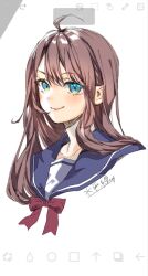  1girl ahoge art_program_in_frame blue_eyes blue_sailor_collar blush bow bowtie brown_hair closed_mouth commentary_request cropped_torso highres long_hair looking_at_viewer original red_bow red_bowtie sailor_collar school_uniform serafuku shirt signature simple_background smile solo suihei_sen white_background 