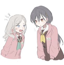  2girls :o anger_vein black_hair bloom_garden_party_jacket blue_eyes blush ceras_yanagida_lilienfeld churhami colored_eyelashes cropped_torso edel_note eye_contact grey_hair hair_ornament hair_ribbon hood hood_down hooded_jacket jacket jellyfish_cut katsuragi_izumi long_hair long_sleeves looking_at_another love_live! love_live!_hasu_no_sora_jogakuin_school_idol_club love_live!_hasu_no_sora_jogakuin_school_idol_club_bloom_garden_party multiple_girls notice_lines open_clothes open_jacket open_mouth orange_eyes parted_lips pink_jacket pink_ribbon ribbon shout_lines simple_background triangle_hair_ornament upper_body white_background 