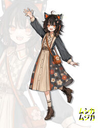  1girl :d ahoge alternate_costume animal_ear_headphones animal_ears arm_up bag belt black_hair boots brown_boots cat_ear_headphones cat_ears collared_dress commentary_request dress fake_animal_ears floral_print full_body grey_dress headphones high_heel_boots high_heels highres long_sleeves looking_at_viewer mahou_shoujo_no_majo_saiban multicolored_hair musica_musica open_mouth orange_bag orange_eyes outstretched_arm print_dress sawatari_coco sharp_teeth smile socks solo standing standing_on_one_leg teeth 