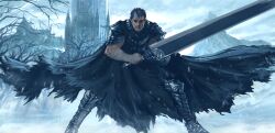 1boy armor bandages berserk black_hair cape commentary_request dragonslayer_(sword) guts_(berserk) highres holding holding_sword holding_weapon huge_weapon m.u.g.e.n male_focus oggy_(oggyoggy) revision snow solo sword weapon 