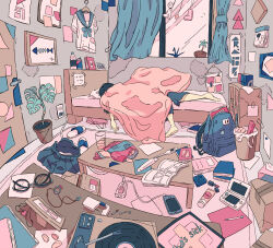  1girl absurdly_detailed_composition absurdres aqua_bow aqua_neckerchief aqua_shorts aqua_skirt backpack bag bag_of_chips barefoot bedroom black_hair blue_bag book bow cable cellphone chips_(food) commentary_request cup curtains desk drinking_glass electrical_outlet food glasses handheld_game_console highres indoors kyomusyabon loaded_interior long_hair lying messy_room nail_(hardware) neckerchief nintendo_ds on_bed on_stomach open_book original phone phonograph picture_frame plant potato_chips potted_plant sailor_collar sandals shirt shorts skirt sleeping smartphone squeeze_bottle stylus table trash_can under_covers unworn_eyewear unworn_sandals unworn_shirt unworn_skirt vinyl_record window 