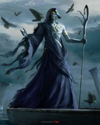 1other absurdres artist_name bird black_robe broken_pillar clouds cloudy_sky commentary crow highres holding holding_staff hooded_robe jvn outdoors robe ruins schwarzloch_(wuthering_waves) sky staff standing wuthering_waves yellow_eyes 